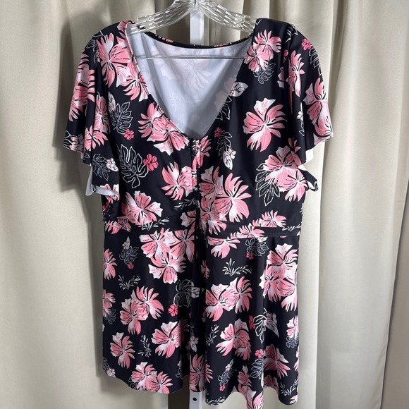 Unbranded Other - Unbranded Tropical Floral Swim Shirt Top Pink Black 4XL Short Sleeve Swim Dress